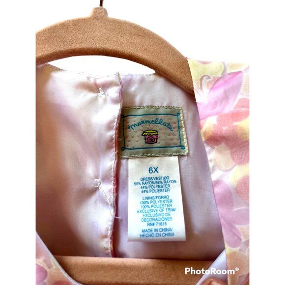 Girls 6X Floral Dress Cap-Sleeve Pink Yellow Sash Tie Button Back By Marmellata - Picture 3 of 7